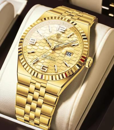A close-up of the POEDAGAR 839 Fashion Business Mens Quartz Watch in gold, showing its textured honeycomb dial and link bracelet.