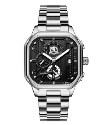 The Poedagar 628 Minimalist Quartz Watch with a square black dial, chronograph subdials, and a polished stainless steel strap.