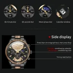 Feature infographic for the OLEVS 3645 Wood & Steel Moon Phase Chronograph, showing the dials, calendar, and side buttons.