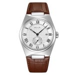 Front view of the SKMEI 9390 Men's Roman Quartz Watch with a silver case, white textured dial, and a brown leather strap.