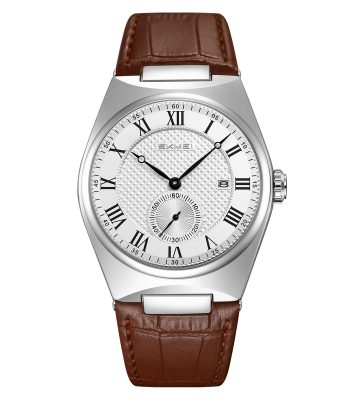 Front view of the SKMEI 9390 Men's Roman Quartz Watch with a silver case, white textured dial, and a brown leather strap.