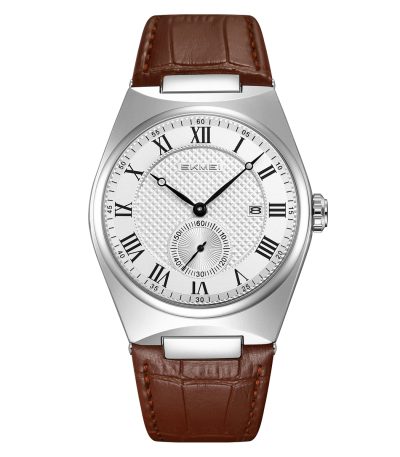 Front view of the SKMEI 9390 Men's Roman Quartz Watch with a silver case, white textured dial, and a brown leather strap.