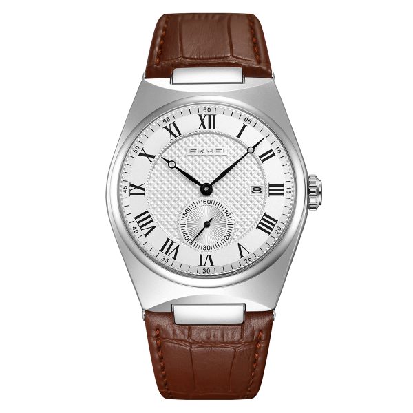 Front view of the SKMEI 9390 Men's Roman Quartz Watch with a silver case, white textured dial, and a brown leather strap.