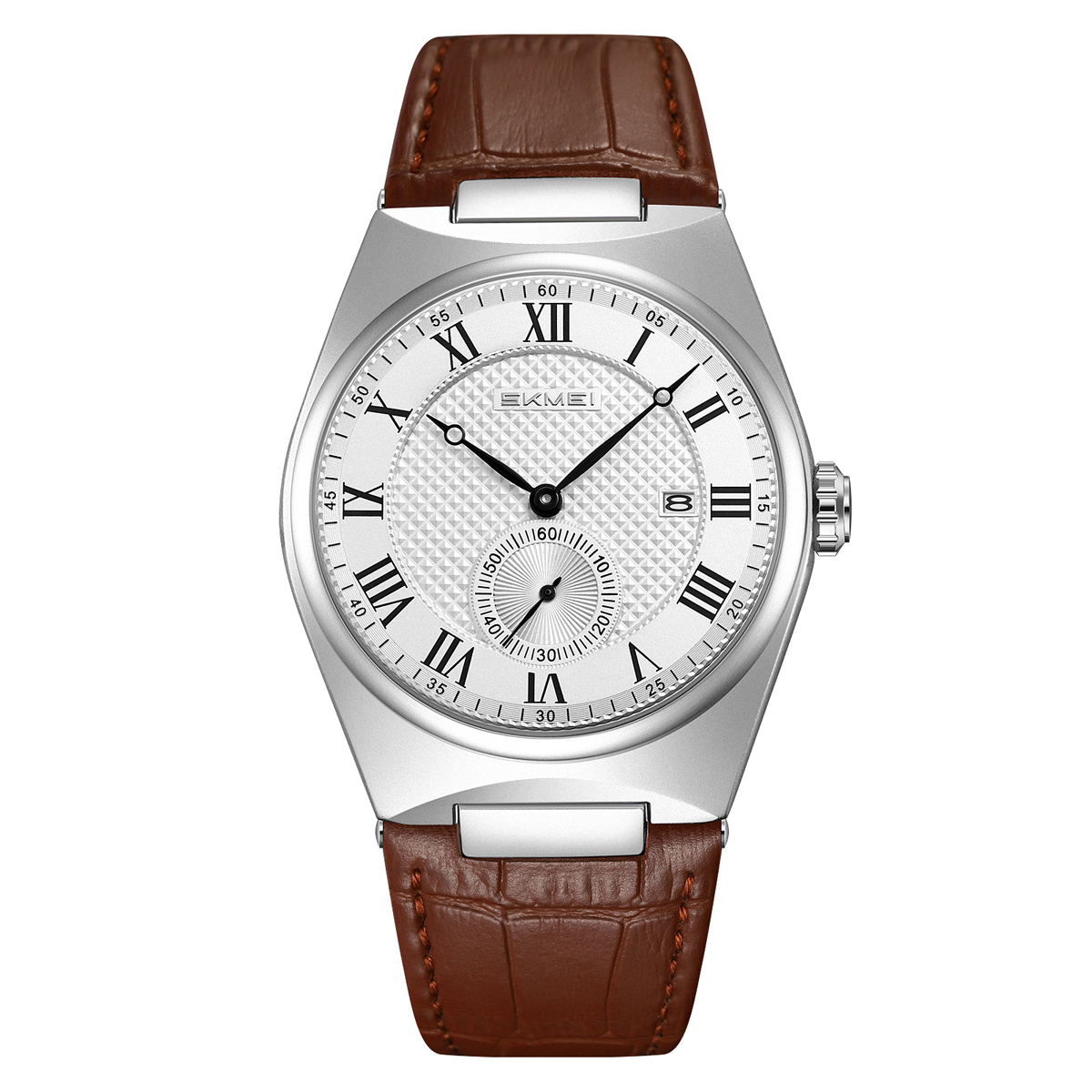 Front view of the SKMEI 9390 Men's Roman Quartz Watch with a silver case, white textured dial, and a brown leather strap.