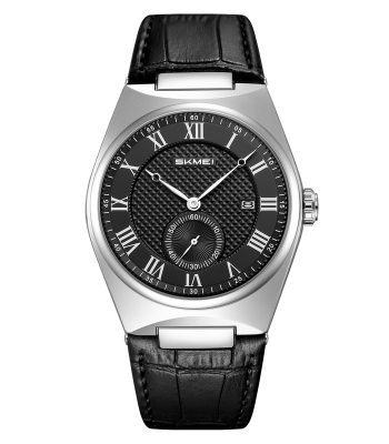 Front view of the SKMEI 9390 Men's Watch, featuring a black Roman dial, a silver-toned case, and a black leather strap.