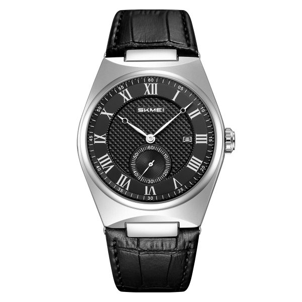 Front view of the SKMEI 9390 Men's Watch, featuring a black Roman dial, a silver-toned case, and a black leather strap.