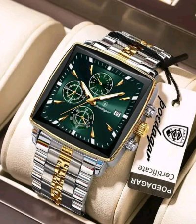 A POEDAGAR 866 luxury square business wristwatch with a green dial and a two-tone silver and gold metal bracelet.