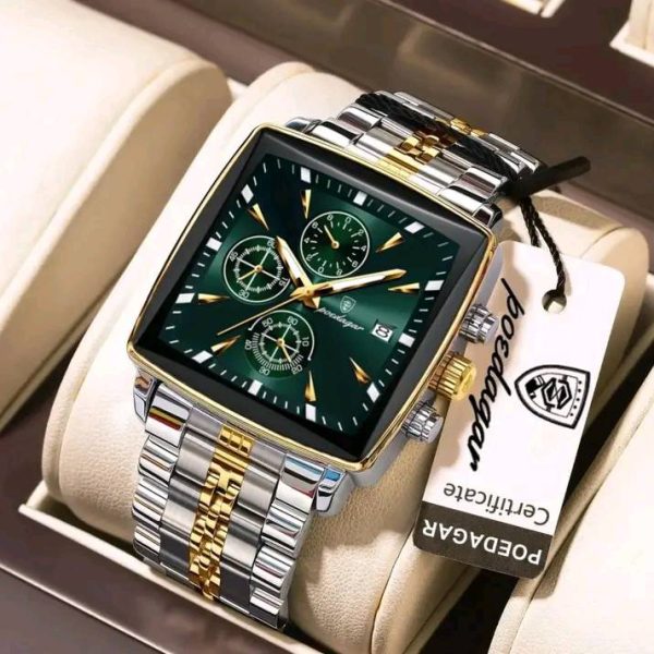 A POEDAGAR 866 luxury square business wristwatch with a green dial and a two-tone silver and gold metal bracelet.