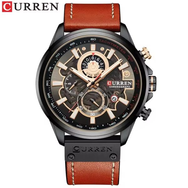A CURREN 8380 chronograph men's watch with a brown leather strap and rose gold details, displayed on a dark textured surface.