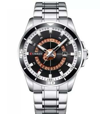 A front view of the Curren 8359 men's stainless steel watch, featuring a silver band and a black dial with copper details.