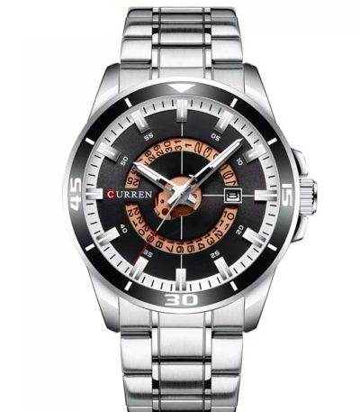 A front view of the Curren 8359 men's stainless steel watch, featuring a silver band and a black dial with copper details.
