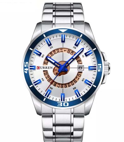 Front view of the Curren 8359 Men's Stainless Steel Watch, featuring a white dial with blue accents and a silver-tone band.