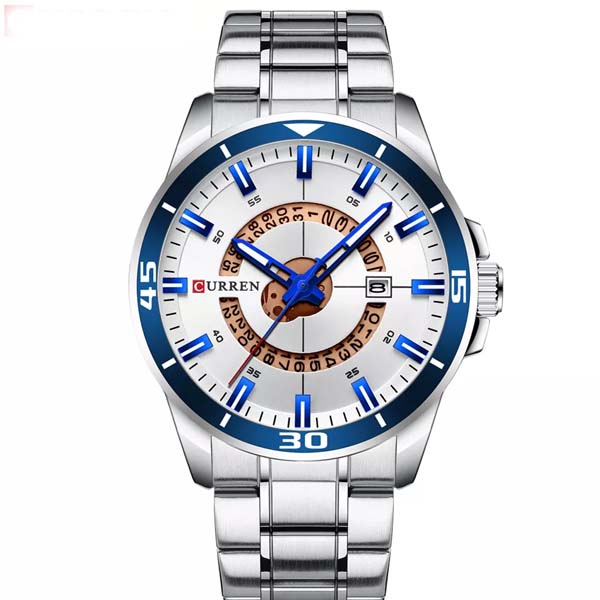Front view of the Curren 8359 Men's Stainless Steel Watch, featuring a white dial with blue accents and a silver-tone band.