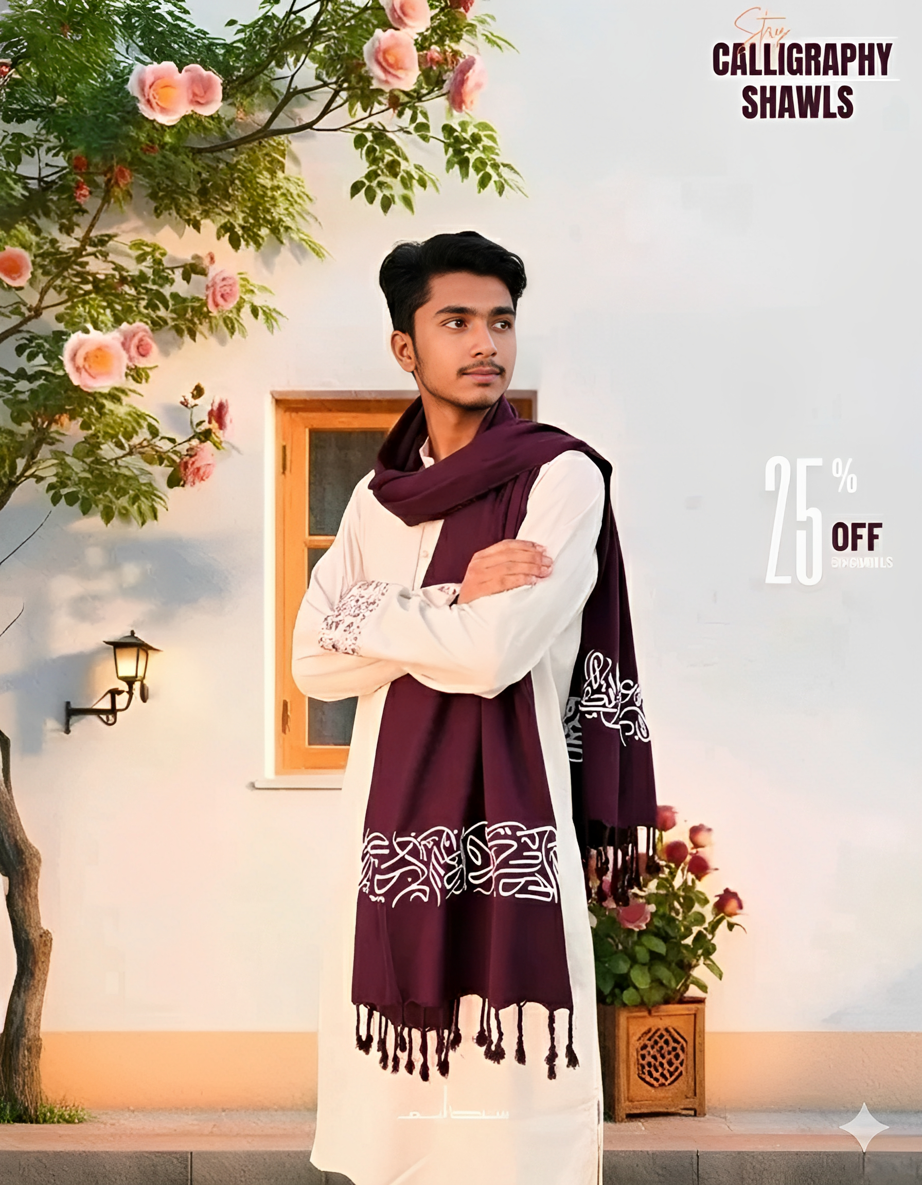 A man wearing a long white tunic styles a deep red Arabic calligraphy shawl with white script and fringed ends.