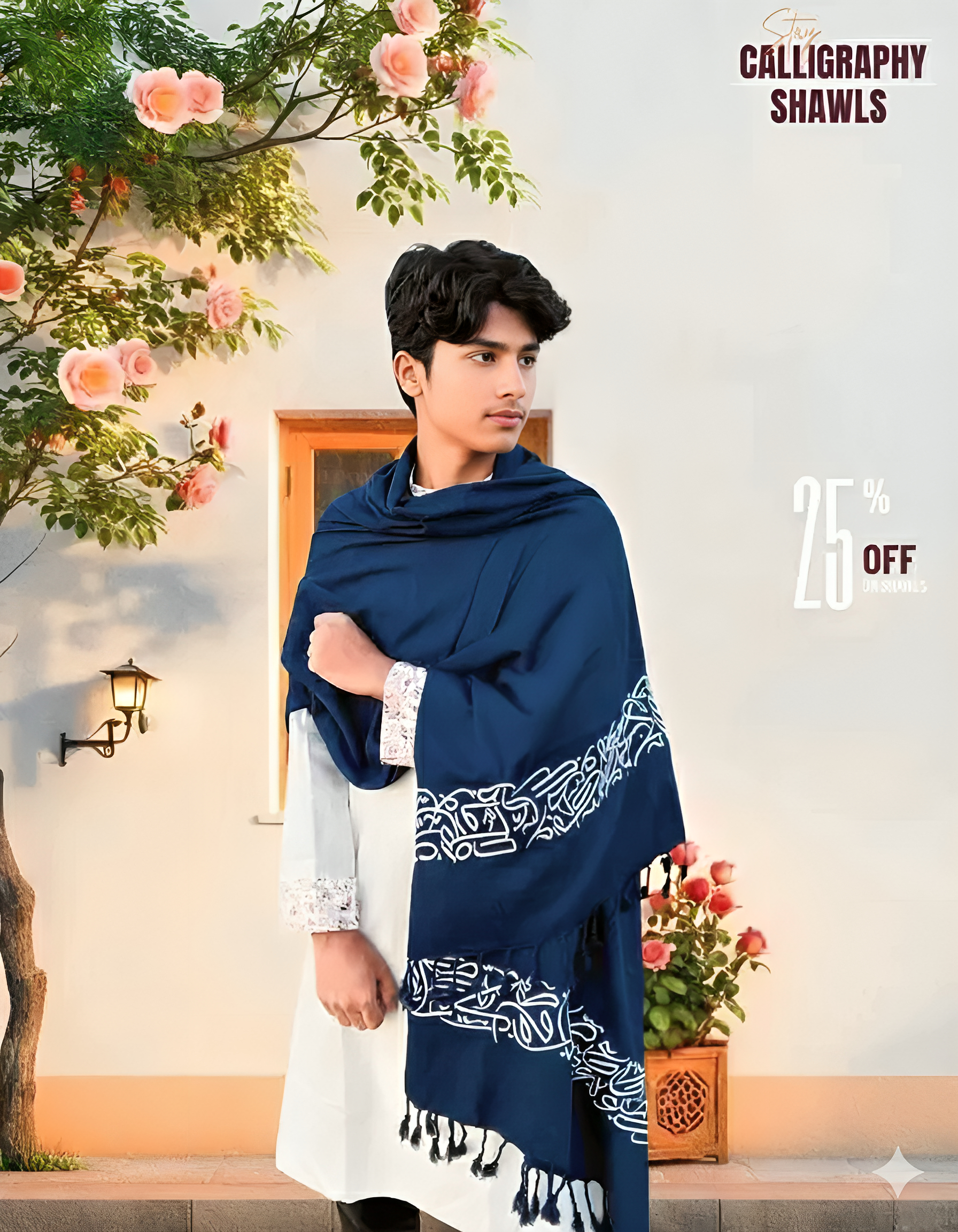 A young man models a large blue Arabic calligraphy shawl with white script-like patterns and blue tassels over a white outfit.