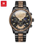 Front view of the OLEVS 3645 Wood & Steel Moon Phase Chronograph, showing its black and wood grain dial and bracelet.