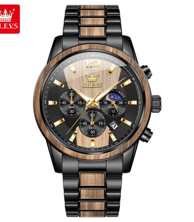 Front view of the OLEVS 3645 Wood & Steel Moon Phase Chronograph, showing its black and wood grain dial and bracelet.