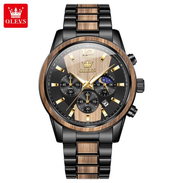 Front view of the OLEVS 3645 Wood & Steel Moon Phase Chronograph, showing its black and wood grain dial and bracelet.