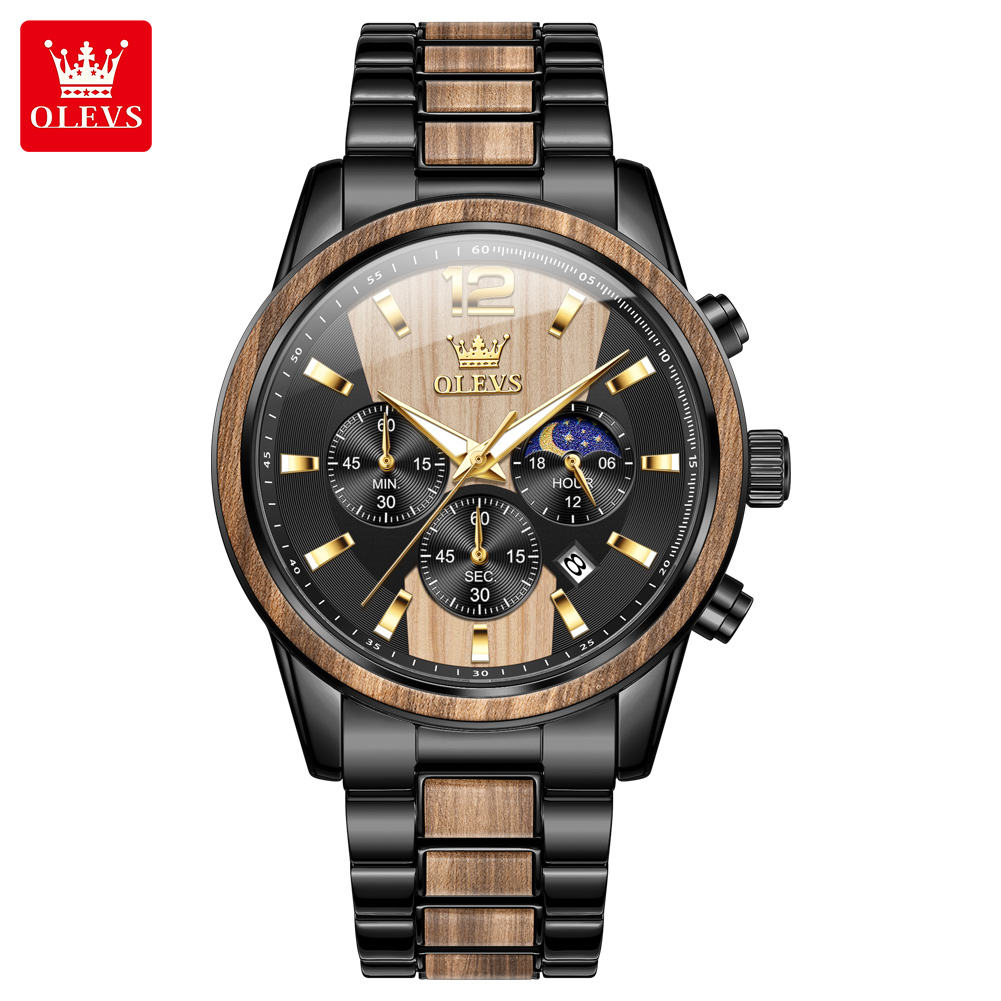 Front view of the OLEVS 3645 Wood & Steel Moon Phase Chronograph, showing its black and wood grain dial and bracelet.