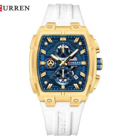 Front view of the CURREN 8488 men's square chronograph watch, featuring a gold-tone case, blue dial, and a white silicone strap.