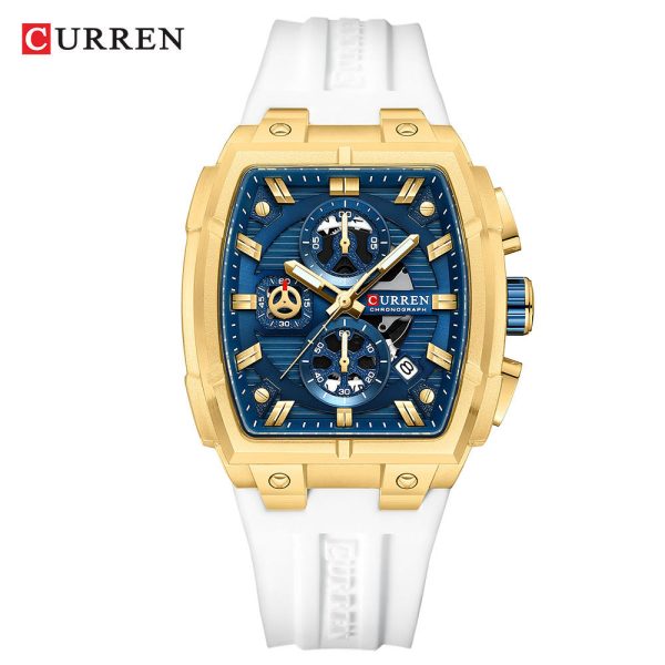 Front view of the CURREN 8488 men's square chronograph watch, featuring a gold-tone case, blue dial, and a white silicone strap.