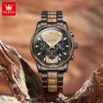 An OLEVS 3645 Wood & Steel Moon Phase Chronograph watch with a black case and a two-tone wood and steel band on a rustic wood background.