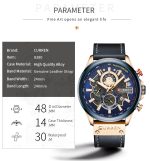 Front view of the CURREN 8380 men's chronograph watch with a blue dial and black leather strap, shown with its specifications.