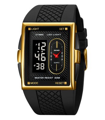 Front view of the SKMEI 2213 waterproof digital watch, featuring a rectangular gold-tone case and a black textured strap.