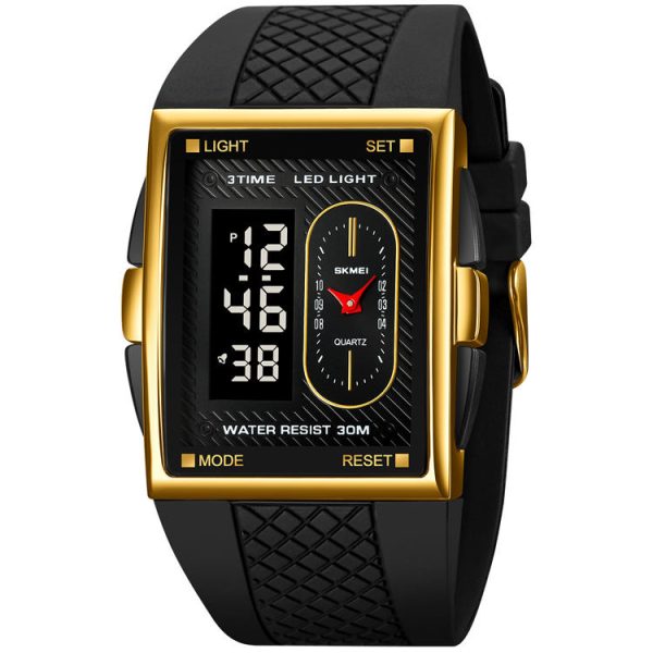 Front view of the SKMEI 2213 waterproof digital watch, featuring a rectangular gold-tone case and a black textured strap.