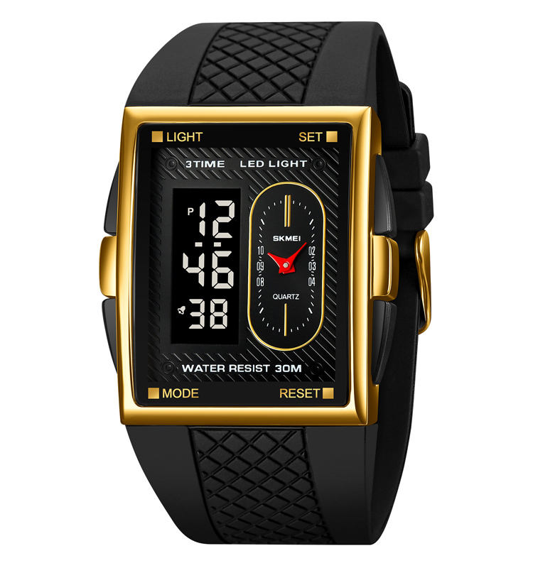 Front view of the SKMEI 2213 waterproof digital watch, featuring a rectangular gold-tone case and a black textured strap.