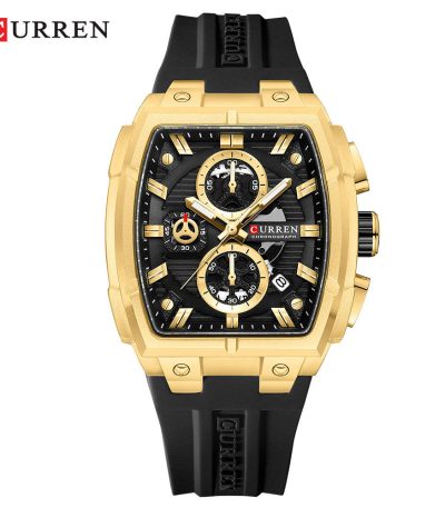 A front view of the CURREN 8488 men's square chronograph watch, showing its gold-toned case and black silicone strap.