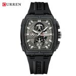 Front view of the CURREN 8488 Square Chronograph Men's Watch, featuring a grey detailed dial and a black silicone strap.