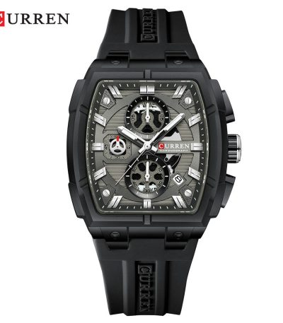 Front view of the CURREN 8488 Square Chronograph Men's Watch, featuring a grey detailed dial and a black silicone strap.