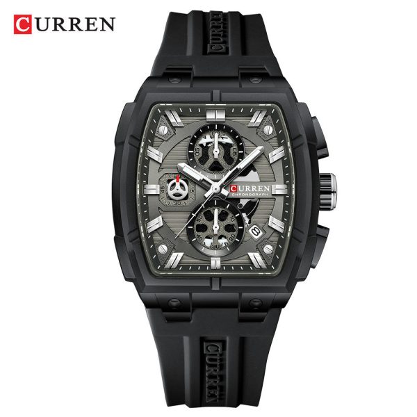 Front view of the CURREN 8488 Square Chronograph Men's Watch, featuring a grey detailed dial and a black silicone strap.