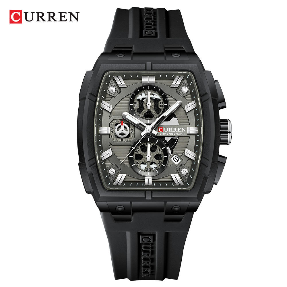 Front view of the CURREN 8488 Square Chronograph Men's Watch, featuring a grey detailed dial and a black silicone strap.