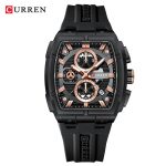 Front view of the CURREN 8488 Men's Square Chronograph Watch, featuring a black case, black silicone strap, and a detailed dial with rose-gold accents.