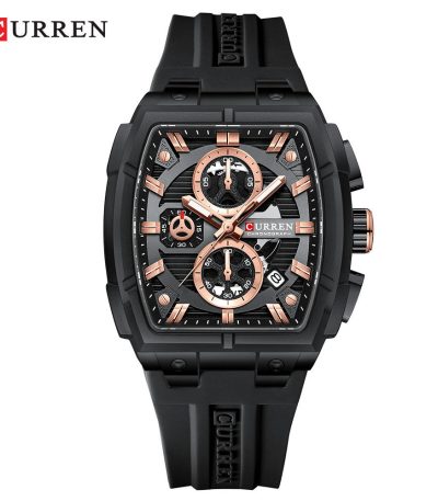 Front view of the CURREN 8488 Men's Square Chronograph Watch, featuring a black case, black silicone strap, and a detailed dial with rose-gold accents.