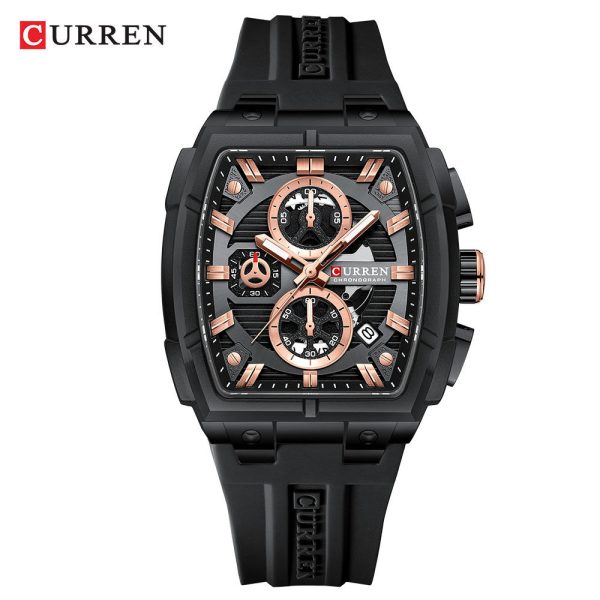 Front view of the CURREN 8488 Men's Square Chronograph Watch, featuring a black case, black silicone strap, and a detailed dial with rose-gold accents.