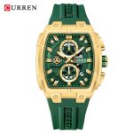 A front view of the CURREN 8488 men's watch, featuring a gold square case, a green dial with chronograph subdials, and a green strap.