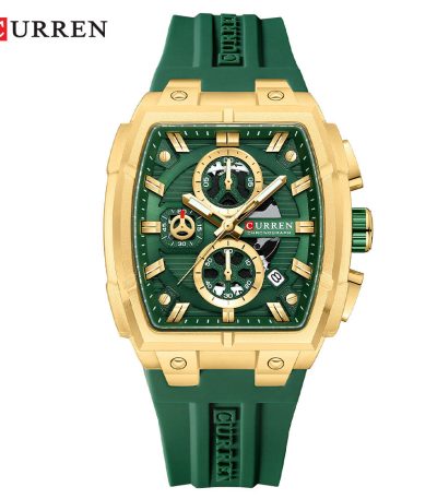 A front view of the CURREN 8488 men's watch, featuring a gold square case, a green dial with chronograph subdials, and a green strap.