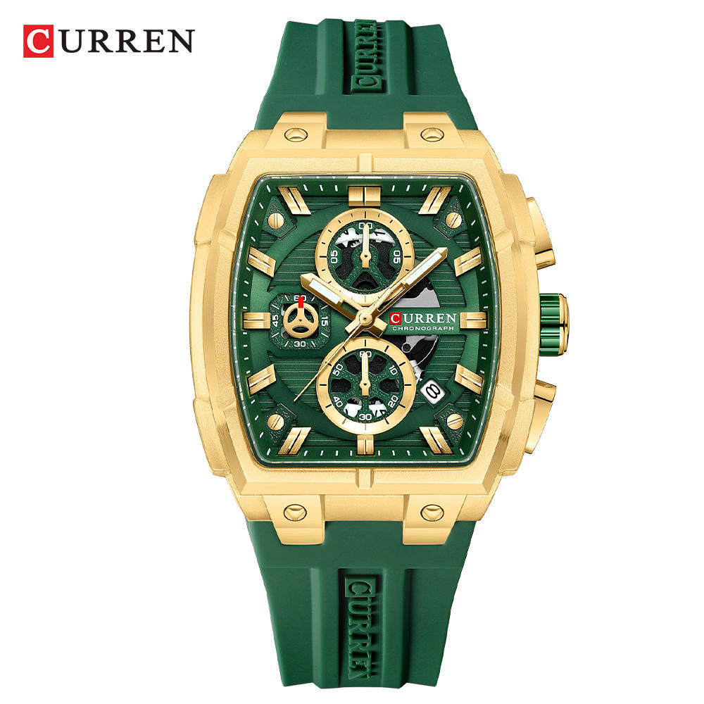 A front view of the CURREN 8488 men's watch, featuring a gold square case, a green dial with chronograph subdials, and a green strap.