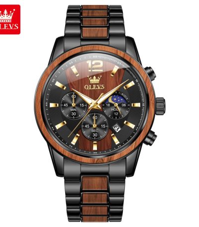 Front view of the OLEVS 3645 Wood & Steel Moon Phase Chronograph watch with a black dial and a mixed wood and steel band.