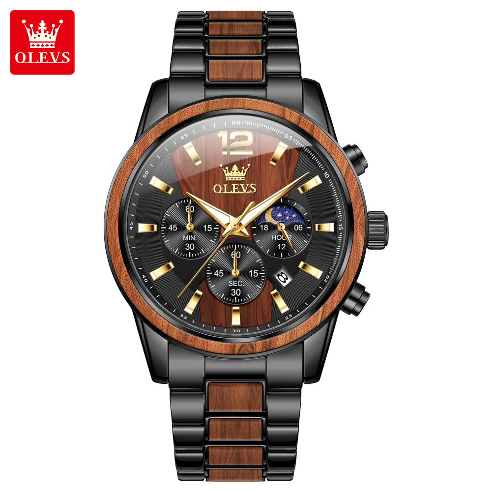 Front view of the OLEVS 3645 Wood & Steel Moon Phase Chronograph watch with a black dial and a mixed wood and steel band.