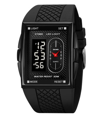 Front view of the SKMEI 2213 dual time waterproof digital watch, showing its black rectangular face and textured strap.