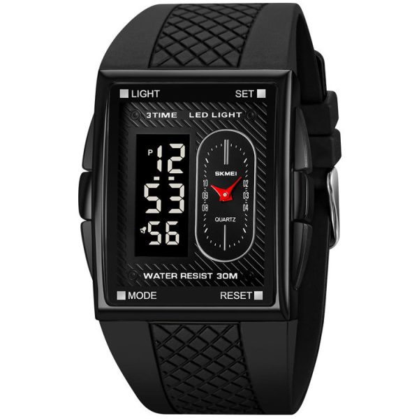 Front view of the SKMEI 2213 dual time waterproof digital watch, showing its black rectangular face and textured strap.