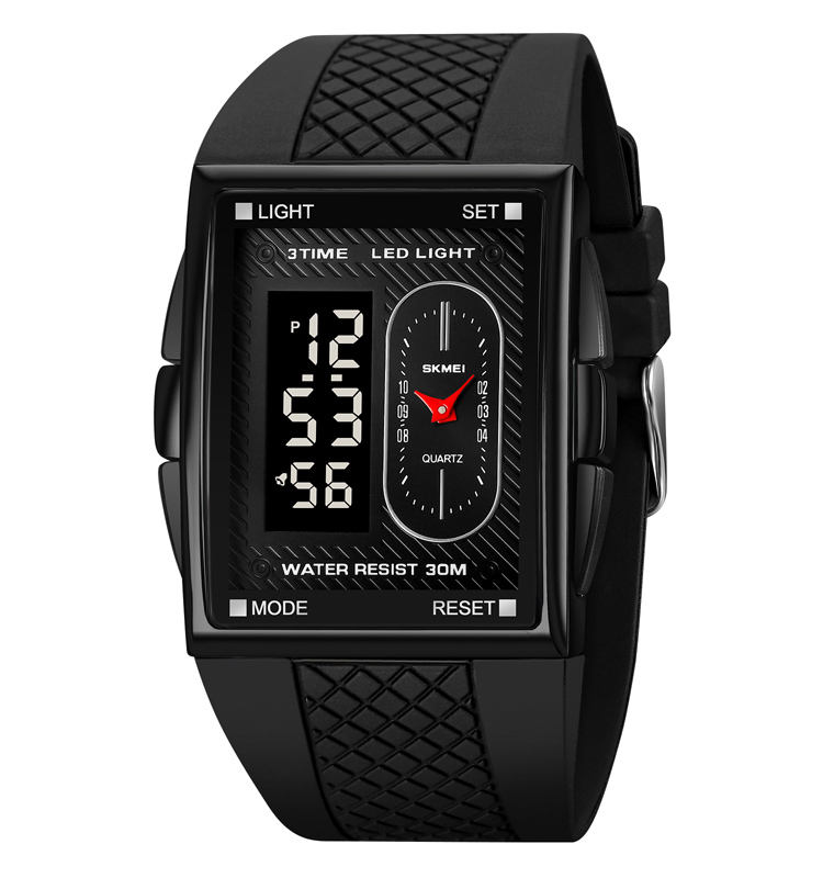 Front view of the SKMEI 2213 dual time waterproof digital watch, showing its black rectangular face and textured strap.