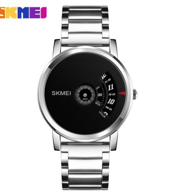 Front view of the SKMEI 1260 stainless steel quartz watch with its unique black dial and silver-colored link bracelet.