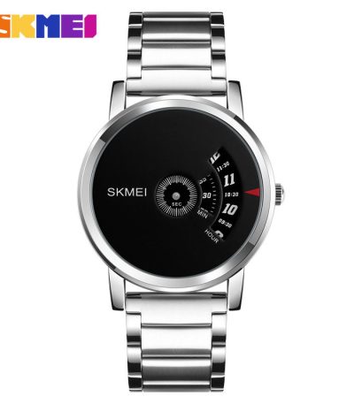 Front view of the SKMEI 1260 stainless steel quartz watch with its unique black dial and silver-colored link bracelet.