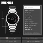 SKMEI 1260 stainless steel quartz watch with its technical specifications and dimensions shown on a dark background.