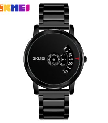 A front view of the black SKMEI 1260 stainless steel quartz watch, showing its unique rotating disc time display.